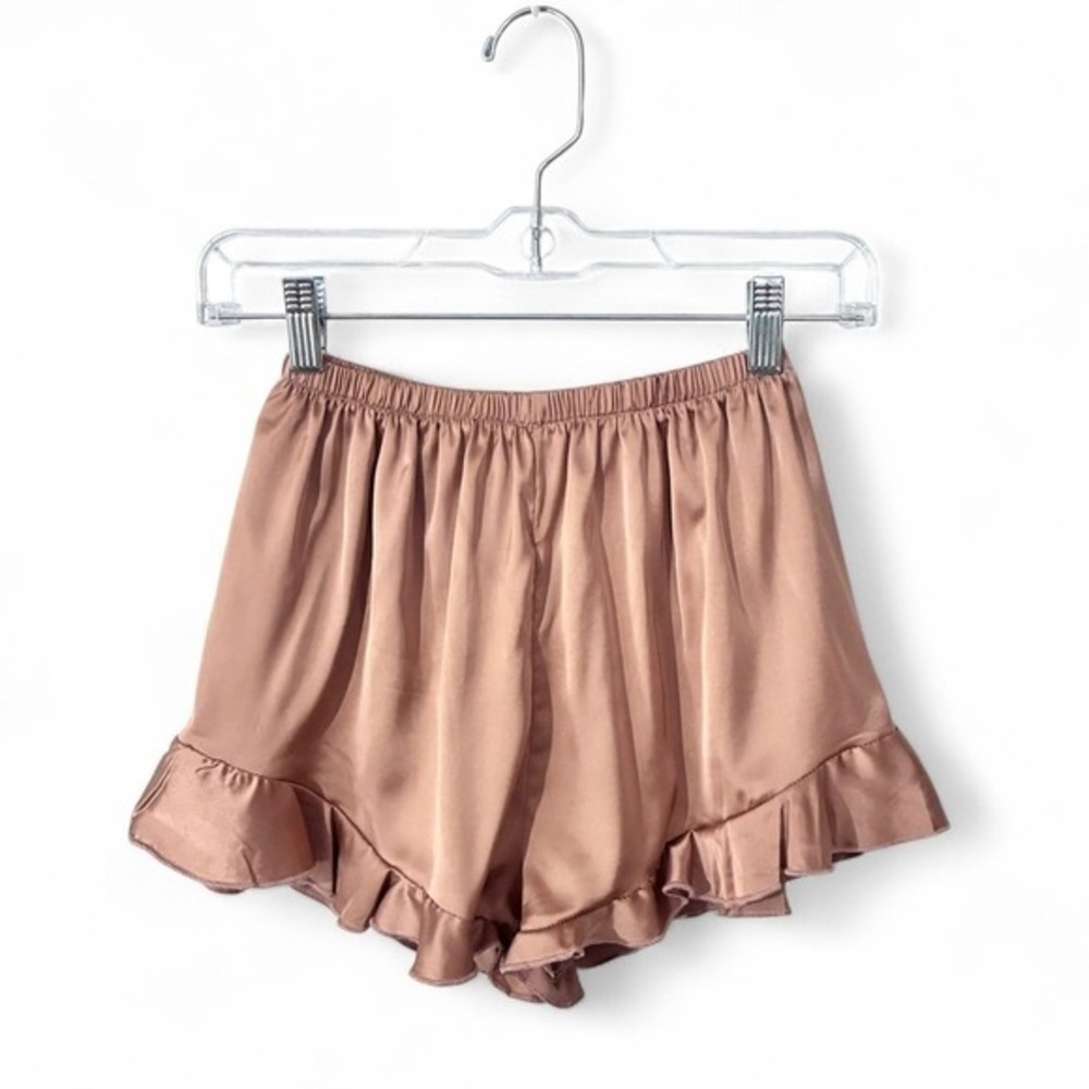 Brown Satin Sleep Shorts XS |‎ Ruffle Hem Lounge Shorts Elastic Waist
